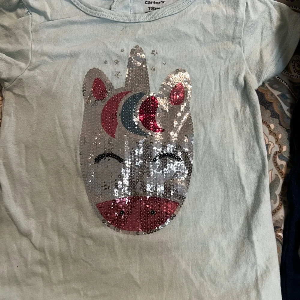 Jeans cat & Jack ,Carter's Long Sleeve Panda Tees , unicorn tee- 18 months
